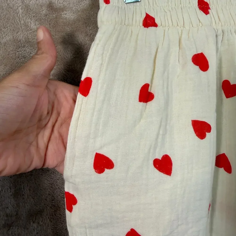 Cotton Gauze Pajama Set XS Red Heart Print Button Down and Pants NWT